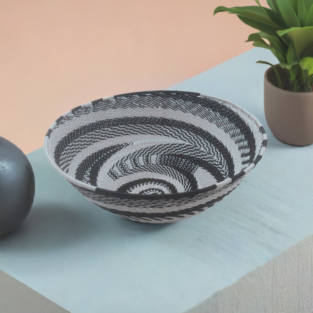 Telephone Wire 22cm Diameter Deep Bowl Black and White Swirls | South Africa.