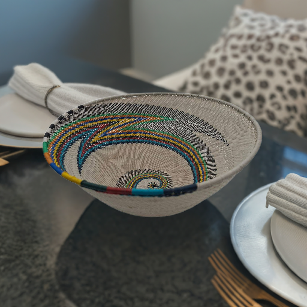Telephone Wire 22cm Diameter Deep Bowl White With Rainbow Swirls | South Africa.
