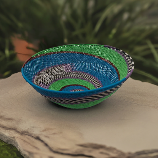 Telephone Wire 22cm Diameter Deep Bowl Green With Colourful Swirls | South Africa.