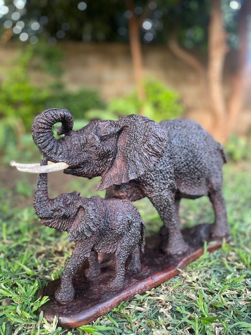 Elephant Mother and Calf - Wooden Sculpture Made of Ironwood by Ntokozo Patson Sibanda | Zimbabwe