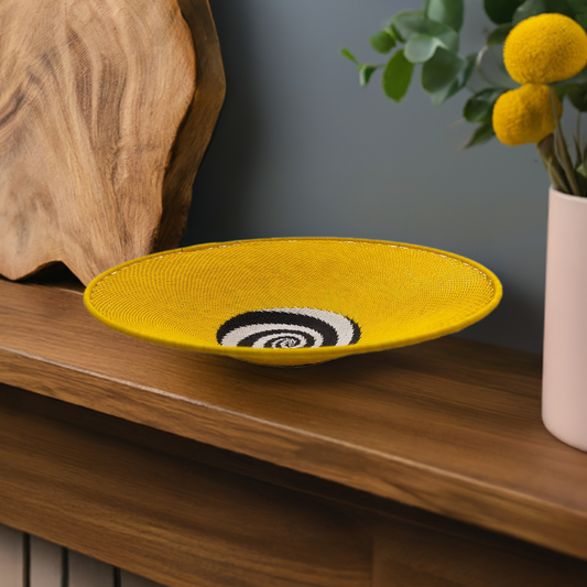 Shallow 29cm Telephone Wire Bowl Yellow with Black and White Swirls | South Africa.