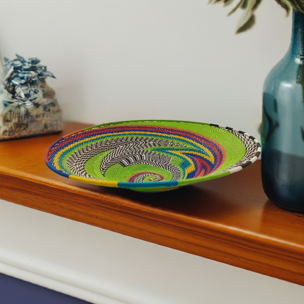 Shallow 29cm Telephone Wire Bowl Green with Lively Swirls | South Africa.