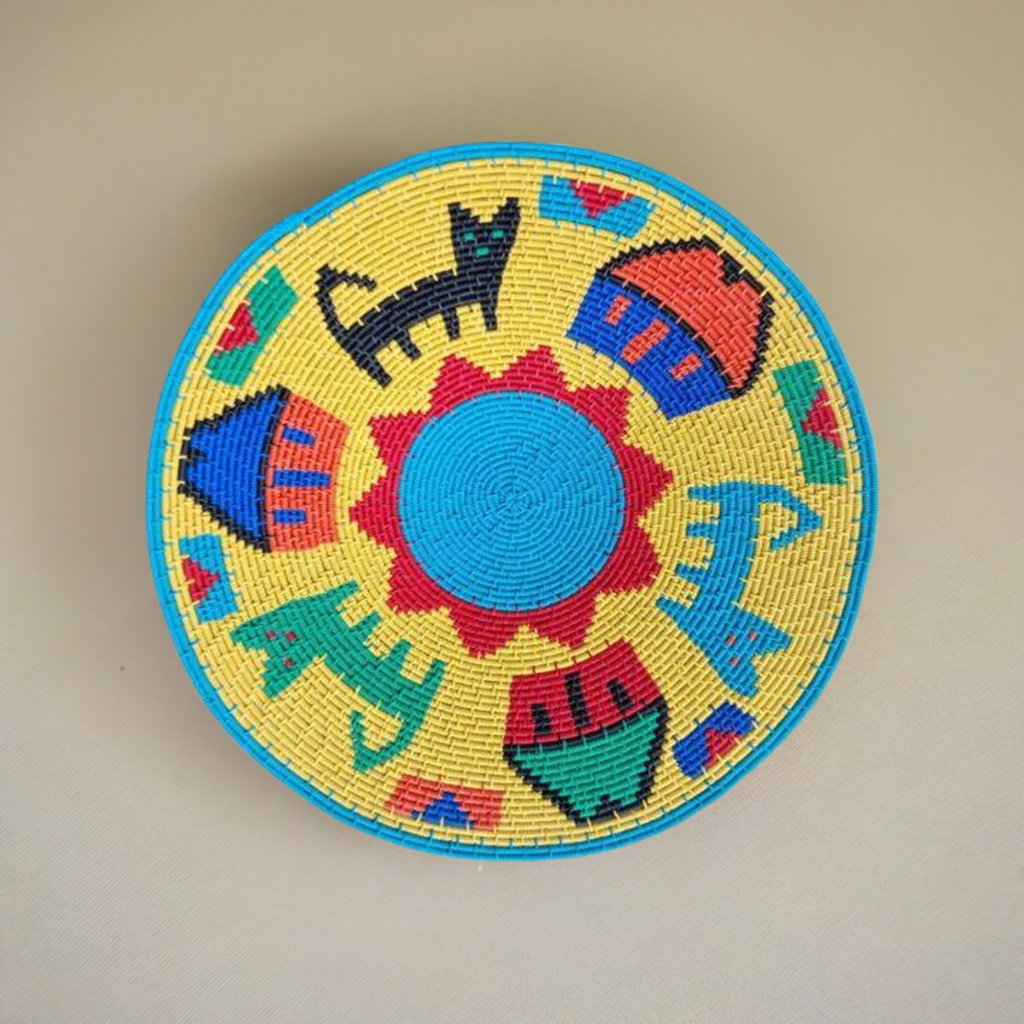 Shallow Hardwire Bowl 28cm Yellow Pictorial  By Nomvuselelo Mthwalo | South Africa.