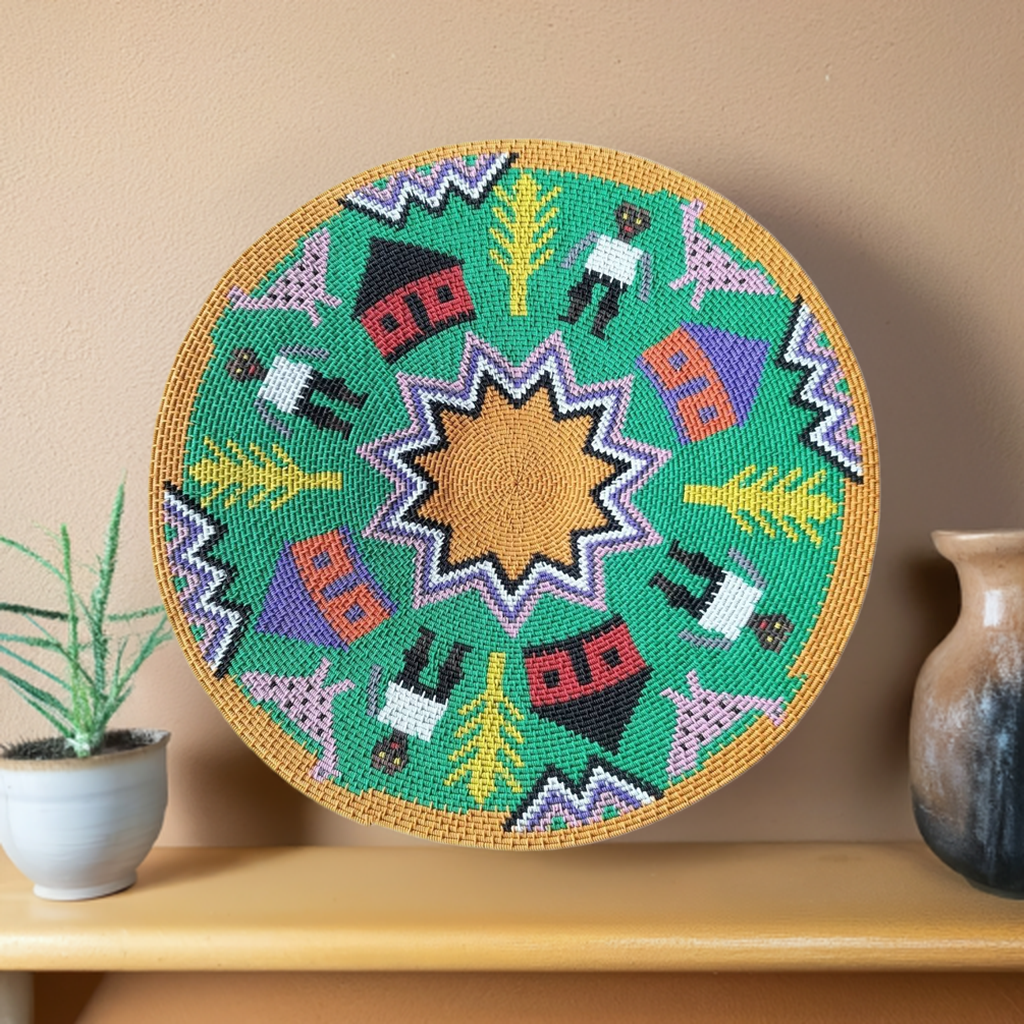 Shallow Hardwire Bowl 36cm Green Pictorial WM0082 By Tholakele Dlamini | South Africa