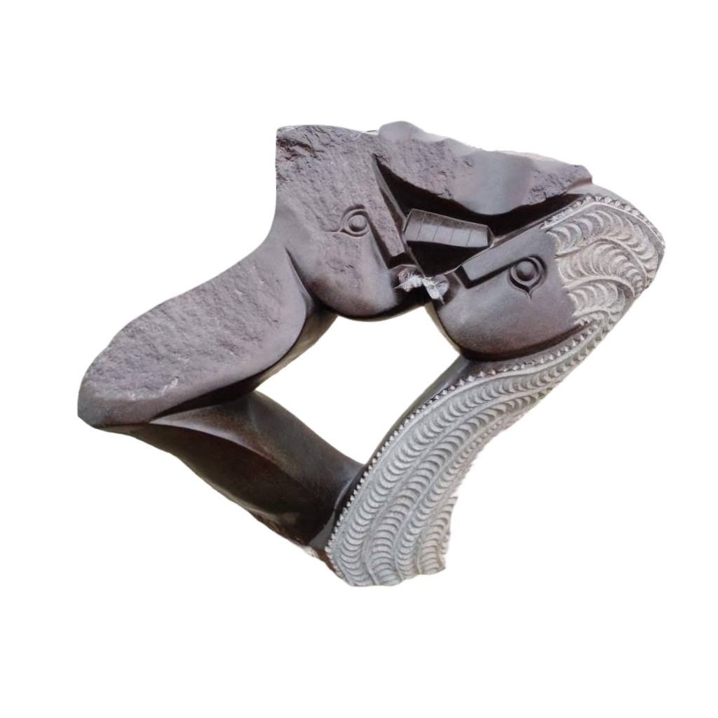 Social Distancing - Stone Sculpture Made of Brown Serpentine Rock by Eckel Nyamhondoro | Zimbabwe