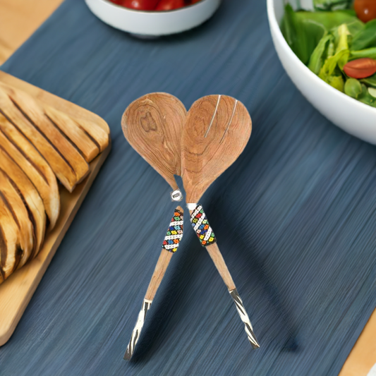 Wooden Salad Server with Bone Handle and Thin Beaded strip | South Africa