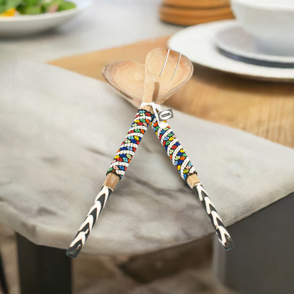 Wooden Salad Server with Bone Handle and Wide Beaded strip | South Africa