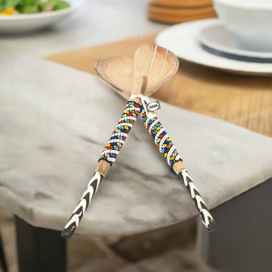 Wooden Salad Server with Bone Handle and Wide Beaded strip | South Africa