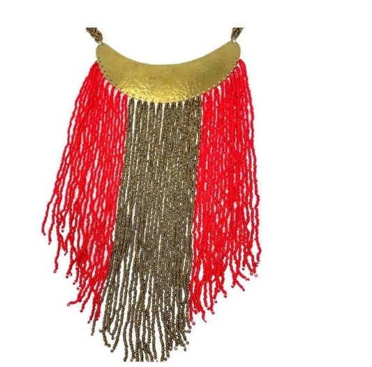 Beaded Shorter Necklace - Red & Brown | Kenya