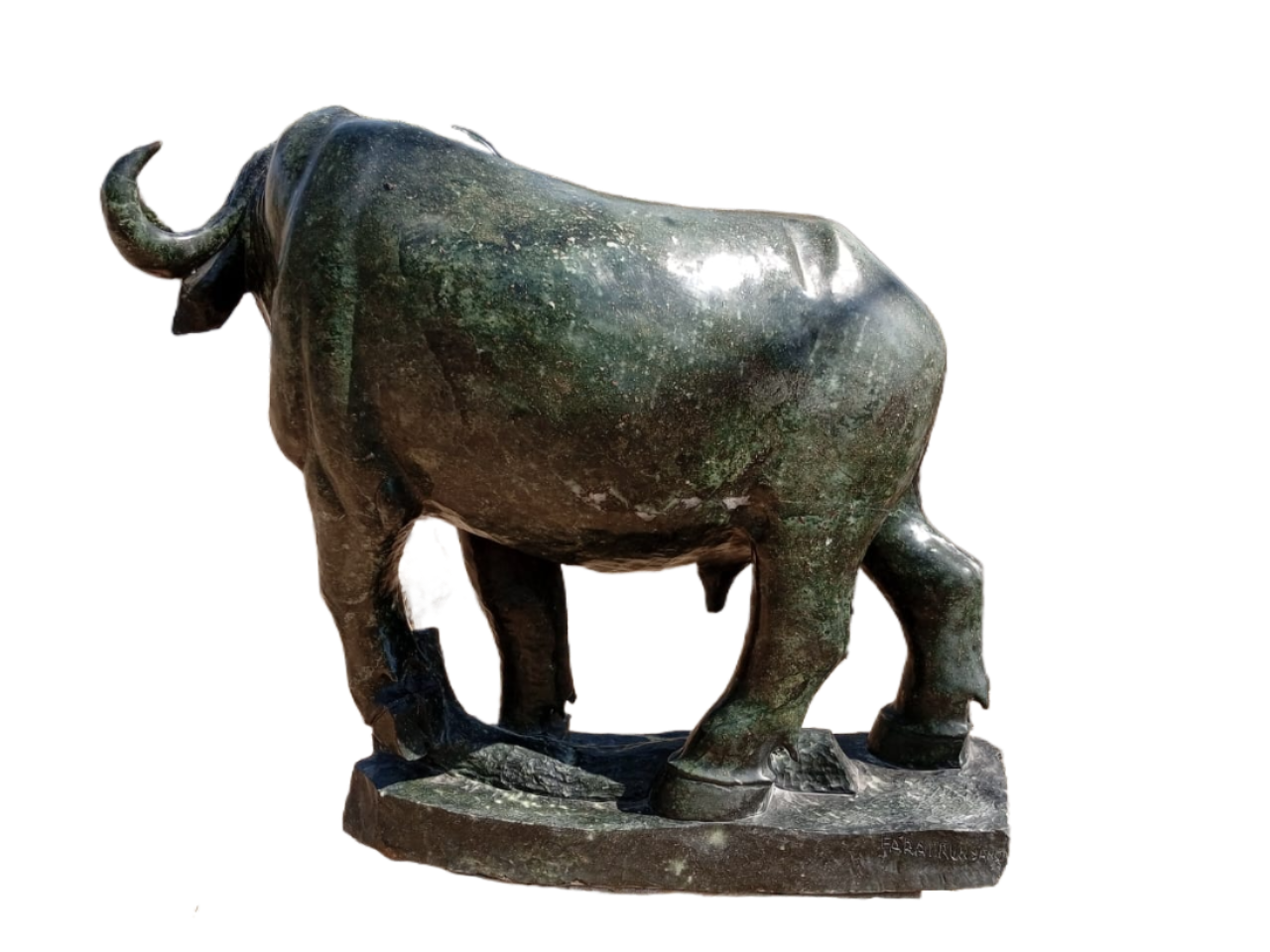 Charging Buffalo - Stone Sculpture Made of Green Opal by Farai Runyanga | Zimbabwe