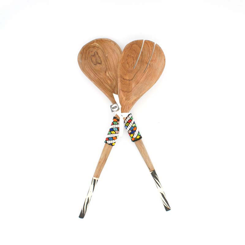 Wooden Salad Server, Bone Handle, Thin Beaded Strip | South Africa