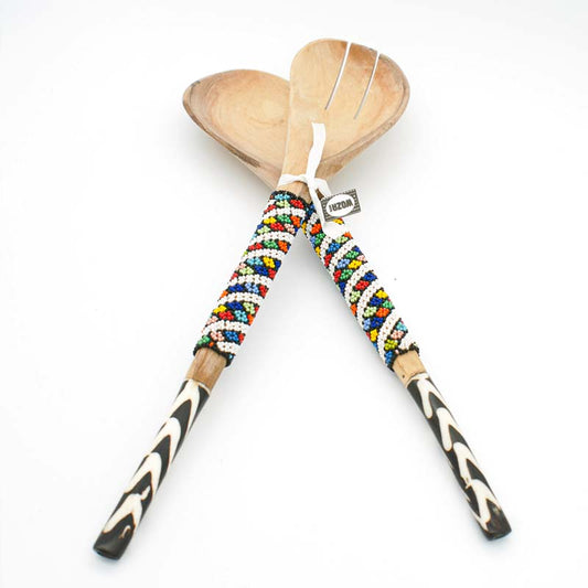 Wooden Salad Server, Bone Handle, Wide Beaded Strip | South Africa