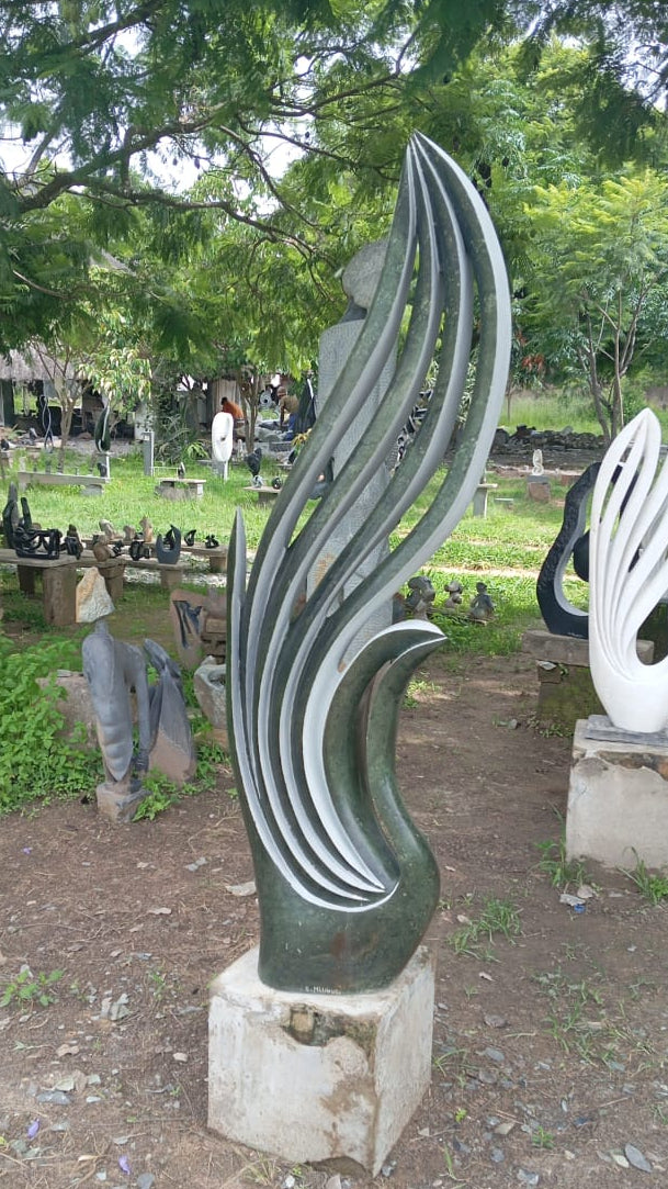 Dark Flames - Stone Sculpture Made of Green Opal by Owen Mlungisi | Zimbabwe