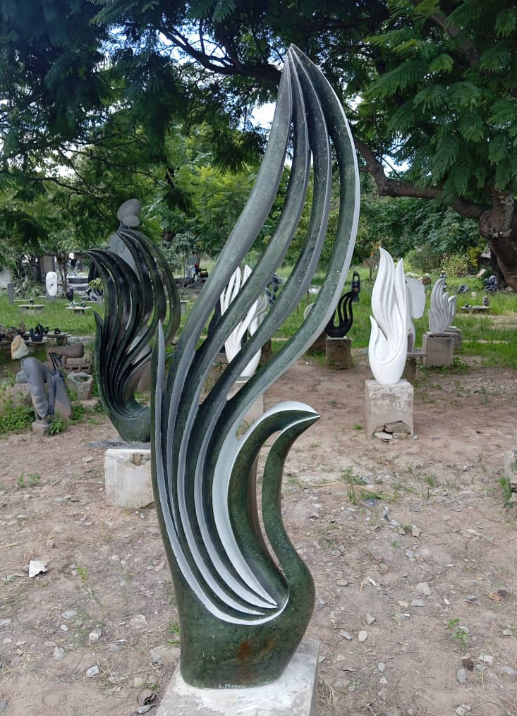 Dark Flames - Stone Sculpture Made of Green Opal by Owen Mlungisi | Zimbabwe