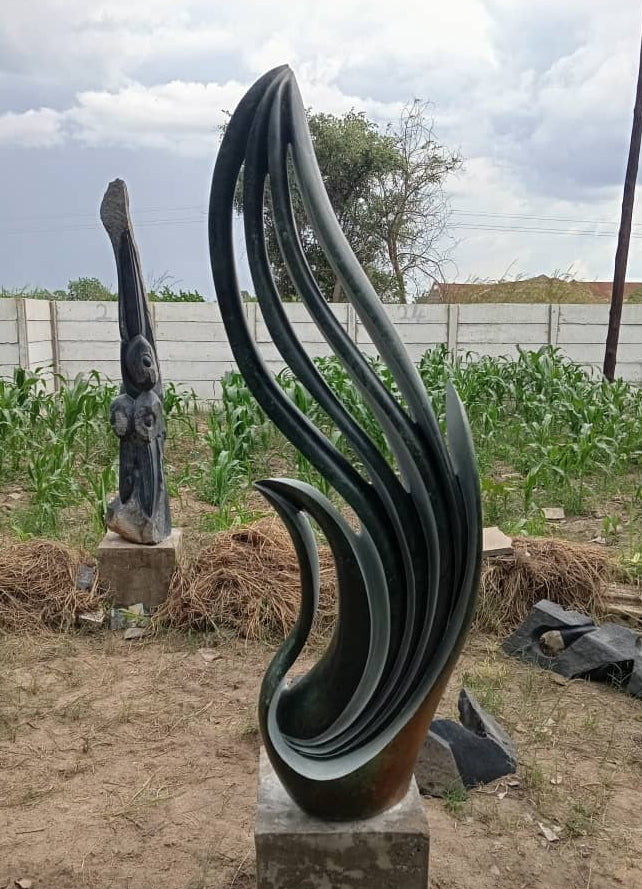 Dark Flames - Stone Sculpture Made of Green Opal by Owen Mlungisi | Zimbabwe