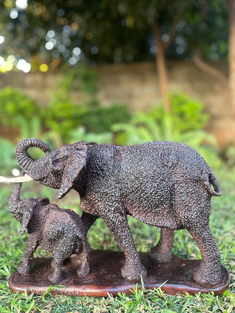 Elephant Mother and  Calf - Wooden Sculpture Made of Ironwood by Ntokozo Patson Sibanda | Zimbabwe