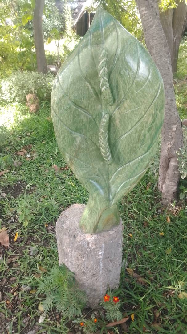 Green Leaf - Stone Sculpture Made of Green Cobalt Stone by Shepherd Deve | Zimbabwe