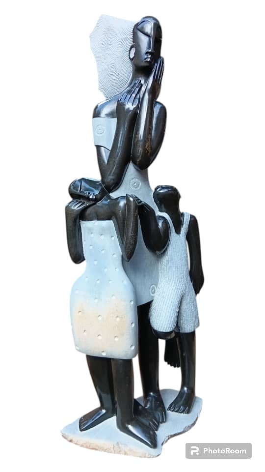 Cherished Moments - Stone Sculpture Made of Springstone by Tawanda Mashaya | Zimbabwe