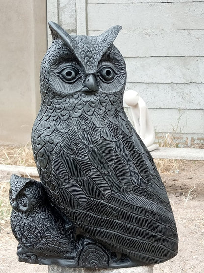 Mother and Child Owl - Stone Sculpture Made of Serpentine Rock by Misheck Makaza | Zimbabwe