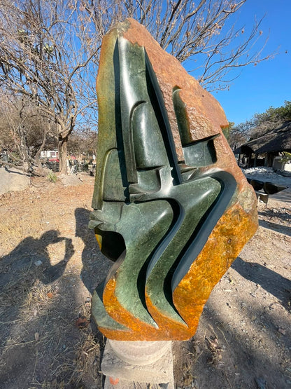 Lean On Me - Stone Sculpture Made of Green Opal by Ishmael Chitiyo | Zimbabwe