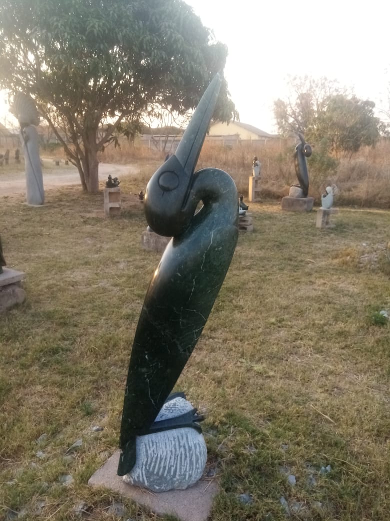 Resting Bird - Stone Sculpture Made of Green Opal by Lacknos Chingwaru | Zimbabwe