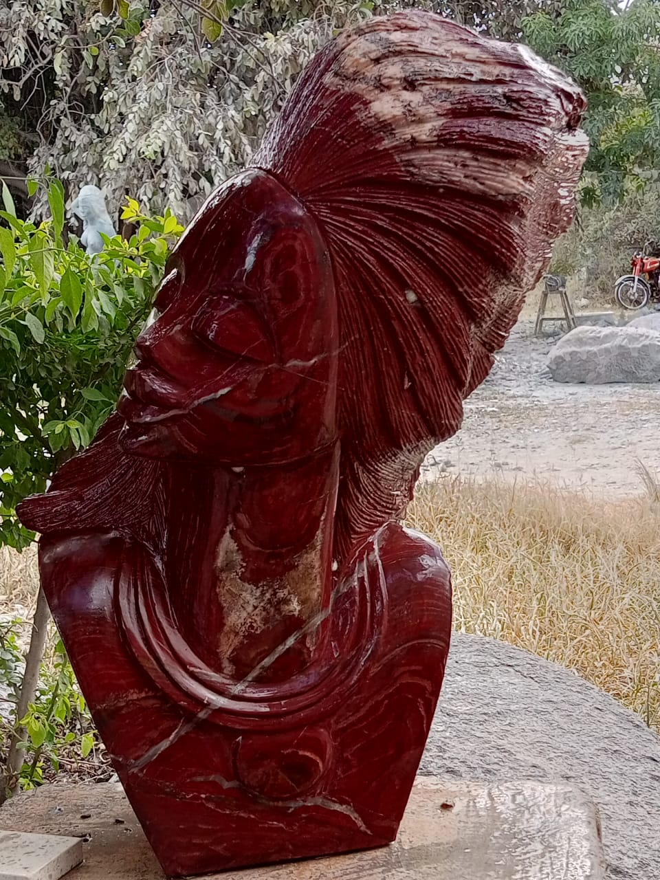 Waiting For You - Stone Sculpture Made of Red Jasper Stone by Rufaro Murenza | Zimbabwe