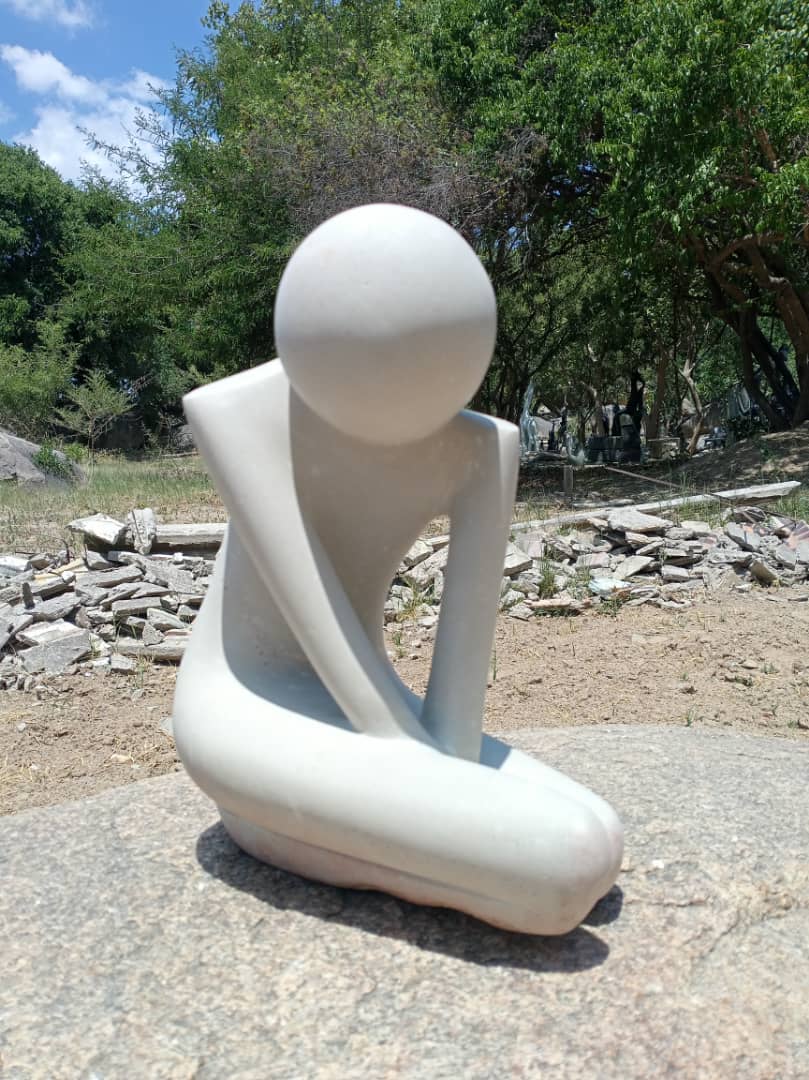 Shy Lady - Stone Sculpture Made of White Opal by Misheck Makaza | Zimbabwe