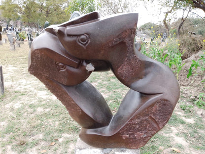 Social Distancing - Stone Sculpture Made of Brown Serpentine Rock by Eckel Nyamhondoro | Zimbabwe