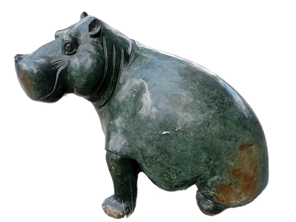 Squatting Hippo - Stone Sculpture Made of Green Opal by Tendai Rukodzi | Zimbabwe