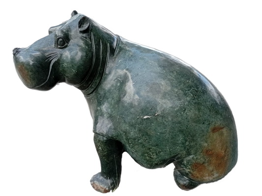 Squatting Hippo - Stone Sculpture Made of Green Opal by Tendai Rukodzi | Zimbabwe