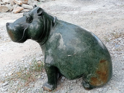 Squatting Hippo - Stone Sculpture Made of Green Opal by Tendai Rukodzi | Zimbabwe