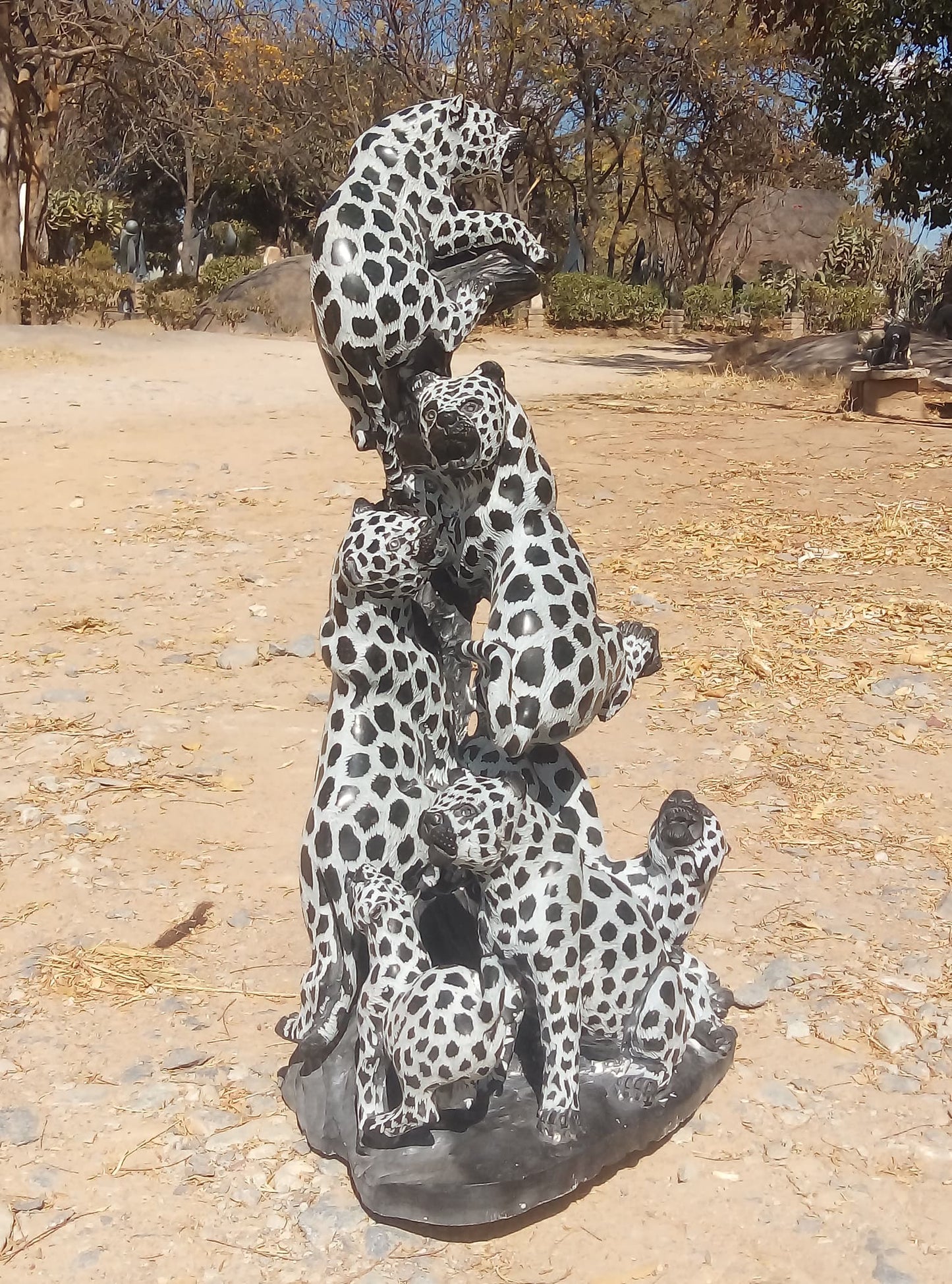 Leap of Leopards - Stone Sculpture Made of Green Opal Stone by Gideon Masendeke | Zimbabwe